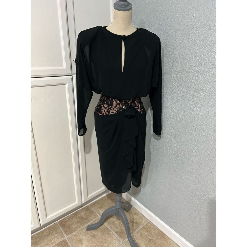 Vintage 80’s Retro 40’s Black Crepe Chiffon Dress Long sleeve Sexy front slit op